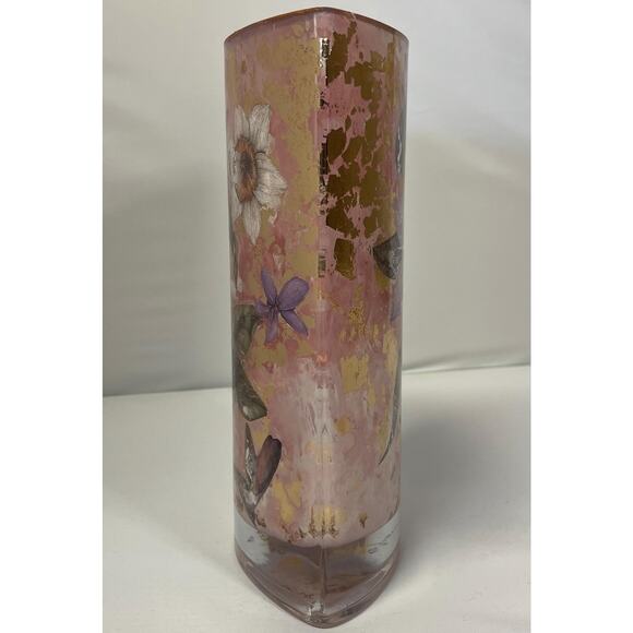 Floral Collage Pink Glass Vase with Gold Flakes, Signed Art Vase - Picture 3 of 5